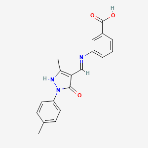 molecular formula C19H17N3O3 B5594174 3-({[3-methyl-1-(4-methylphenyl)-5-oxo-1,5-dihydro-4H-pyrazol-4-ylidene]methyl}amino)benzoic acid 