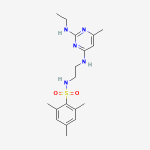 molecular formula C18H27N5O2S B5595607 N-(2-{[2-(ethylamino)-6-methyl-4-pyrimidinyl]amino}ethyl)-2,4,6-trimethylbenzenesulfonamide 