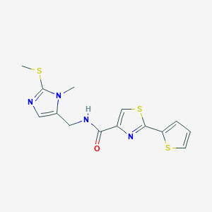 molecular formula C14H14N4OS3 B5595768 N-{[1-methyl-2-(methylthio)-1H-imidazol-5-yl]methyl}-2-(2-thienyl)-1,3-thiazole-4-carboxamide 