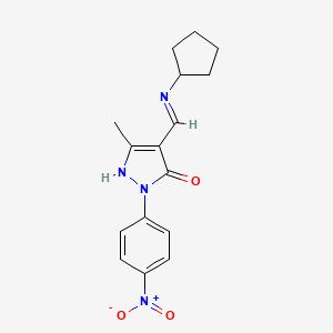 molecular formula C16H18N4O3 B5596447 4-[(cyclopentylamino)methylene]-5-methyl-2-(4-nitrophenyl)-2,4-dihydro-3H-pyrazol-3-one 