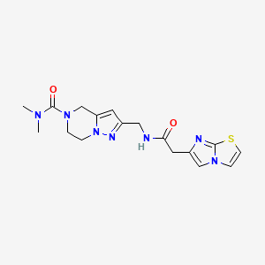molecular formula C17H21N7O2S B5597046 2-{[(imidazo[2,1-b][1,3]thiazol-6-ylacetyl)amino]methyl}-N,N-dimethyl-6,7-dihydropyrazolo[1,5-a]pyrazine-5(4H)-carboxamide 