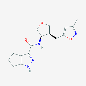 molecular formula C16H20N4O3 B5597514 N-{(3R*,4S*)-4-[(3-methylisoxazol-5-yl)methyl]tetrahydrofuran-3-yl}-1,4,5,6-tetrahydrocyclopenta[c]pyrazole-3-carboxamide 