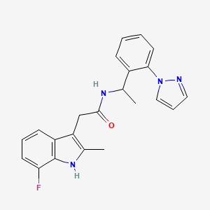 molecular formula C22H21FN4O B5598140 2-(7-fluoro-2-methyl-1H-indol-3-yl)-N-{1-[2-(1H-pyrazol-1-yl)phenyl]ethyl}acetamide 