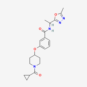 molecular formula C21H26N4O4 B5598475 3-{[1-(cyclopropylcarbonyl)piperidin-4-yl]oxy}-N-[1-(5-methyl-1,3,4-oxadiazol-2-yl)ethyl]benzamide 