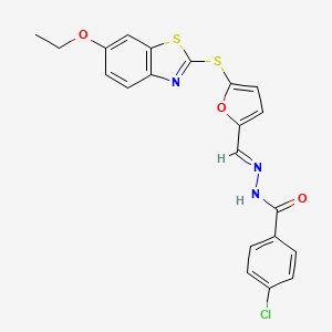 molecular formula C21H16ClN3O3S2 B5599530 4-chloro-N'-({5-[(6-ethoxy-1,3-benzothiazol-2-yl)thio]-2-furyl}methylene)benzohydrazide 