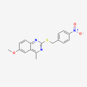 molecular formula C17H15N3O3S B5605722 6-METHOXY-4-METHYL-2-{[(4-NITROPHENYL)METHYL]SULFANYL}QUINAZOLINE 