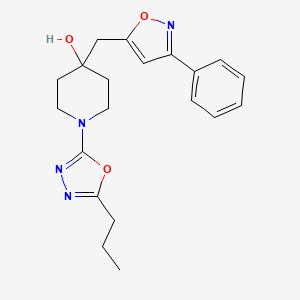 molecular formula C20H24N4O3 B5606154 4-[(3-phenylisoxazol-5-yl)methyl]-1-(5-propyl-1,3,4-oxadiazol-2-yl)piperidin-4-ol 