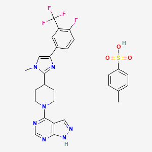 molecular formula C28H27F4N7O3S B560664 4-[4-[4-[4-fluoro-3-(trifluoromethyl)phenyl]-1-methylimidazol-2-yl]piperidin-1-yl]-1H-pyrazolo[3,4-d]pyrimidine;4-methylbenzenesulfonic acid 