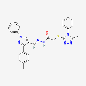 molecular formula C28H25N7OS B5606857 N'-{[3-(4-methylphenyl)-1-phenyl-1H-pyrazol-4-yl]methylene}-2-[(5-methyl-4-phenyl-4H-1,2,4-triazol-3-yl)thio]acetohydrazide 