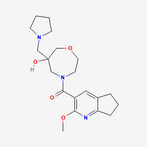 molecular formula C20H29N3O4 B5608119 4-[(2-methoxy-6,7-dihydro-5H-cyclopenta[b]pyridin-3-yl)carbonyl]-6-(pyrrolidin-1-ylmethyl)-1,4-oxazepan-6-ol 