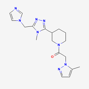 molecular formula C18H24N8O B5609504 3-[5-(1H-imidazol-1-ylmethyl)-4-methyl-4H-1,2,4-triazol-3-yl]-1-[(5-methyl-1H-pyrazol-1-yl)acetyl]piperidine 