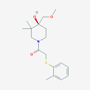 molecular formula C18H27NO3S B5610025 (4S*)-4-(methoxymethyl)-3,3-dimethyl-1-{[(2-methylphenyl)thio]acetyl}piperidin-4-ol 