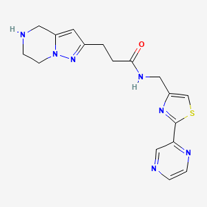 molecular formula C17H19N7OS B5610934 N-{[2-(2-pyrazinyl)-1,3-thiazol-4-yl]methyl}-3-(4,5,6,7-tetrahydropyrazolo[1,5-a]pyrazin-2-yl)propanamide hydrochloride 