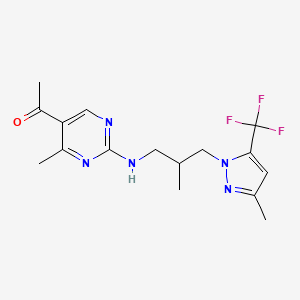 molecular formula C16H20F3N5O B5615344 1-[4-methyl-2-({2-methyl-3-[3-methyl-5-(trifluoromethyl)-1H-pyrazol-1-yl]propyl}amino)pyrimidin-5-yl]ethanone 