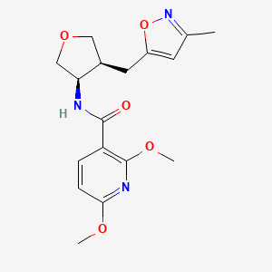 molecular formula C17H21N3O5 B5615807 2,6-dimethoxy-N-{(3R*,4S*)-4-[(3-methylisoxazol-5-yl)methyl]tetrahydrofuran-3-yl}nicotinamide 