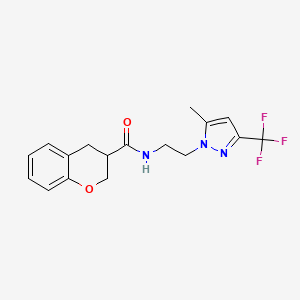 molecular formula C17H18F3N3O2 B5616836 N-{2-[5-methyl-3-(trifluoromethyl)-1H-pyrazol-1-yl]ethyl}chromane-3-carboxamide 