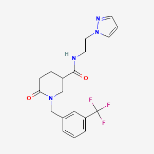 molecular formula C19H21F3N4O2 B5617198 6-oxo-N-[2-(1H-pyrazol-1-yl)ethyl]-1-[3-(trifluoromethyl)benzyl]-3-piperidinecarboxamide 