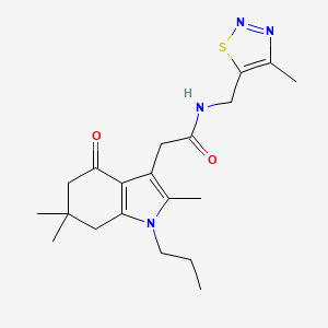 molecular formula C20H28N4O2S B5617308 N-[(4-methyl-1,2,3-thiadiazol-5-yl)methyl]-2-(2,6,6-trimethyl-4-oxo-1-propyl-4,5,6,7-tetrahydro-1H-indol-3-yl)acetamide 