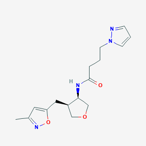 molecular formula C16H22N4O3 B5617847 N-{(3R*,4S*)-4-[(3-methylisoxazol-5-yl)methyl]tetrahydrofuran-3-yl}-4-(1H-pyrazol-1-yl)butanamide 