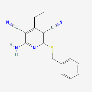 molecular formula C16H14N4S B5618655 2-amino-6-(benzylthio)-4-ethyl-3,5-pyridinedicarbonitrile 