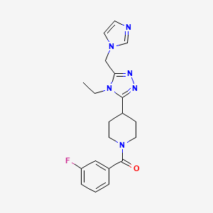 molecular formula C20H23FN6O B5618796 4-[4-ethyl-5-(1H-imidazol-1-ylmethyl)-4H-1,2,4-triazol-3-yl]-1-(3-fluorobenzoyl)piperidine 
