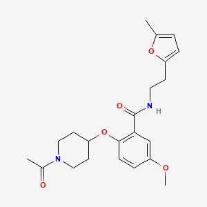 molecular formula C22H28N2O5 B5620602 2-[(1-acetylpiperidin-4-yl)oxy]-5-methoxy-N-[2-(5-methyl-2-furyl)ethyl]benzamide 
