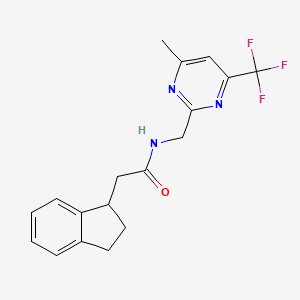 molecular formula C18H18F3N3O B5620881 2-(2,3-dihydro-1H-inden-1-yl)-N-{[4-methyl-6-(trifluoromethyl)-2-pyrimidinyl]methyl}acetamide 