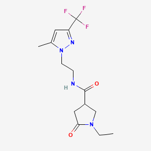 molecular formula C14H19F3N4O2 B5620892 1-ethyl-N-{2-[5-methyl-3-(trifluoromethyl)-1H-pyrazol-1-yl]ethyl}-5-oxo-3-pyrrolidinecarboxamide 