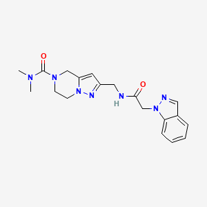 molecular formula C19H23N7O2 B5623386 2-{[(1H-indazol-1-ylacetyl)amino]methyl}-N,N-dimethyl-6,7-dihydropyrazolo[1,5-a]pyrazine-5(4H)-carboxamide 
