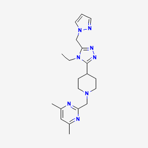 molecular formula C20H28N8 B5623593 2-({4-[4-ethyl-5-(1H-pyrazol-1-ylmethyl)-4H-1,2,4-triazol-3-yl]piperidin-1-yl}methyl)-4,6-dimethylpyrimidine 