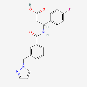 molecular formula C20H18FN3O3 B5626478 3-(4-fluorophenyl)-3-{[3-(1H-pyrazol-1-ylmethyl)benzoyl]amino}propanoic acid 