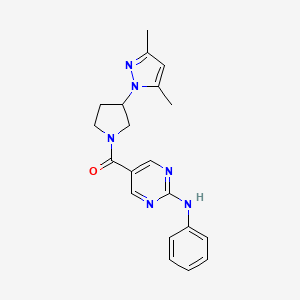 molecular formula C20H22N6O B5626957 5-{[3-(3,5-dimethyl-1H-pyrazol-1-yl)-1-pyrrolidinyl]carbonyl}-N-phenyl-2-pyrimidinamine 
