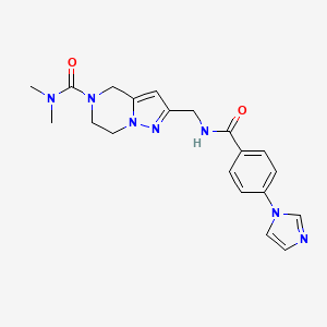 molecular formula C20H23N7O2 B5629605 2-({[4-(1H-imidazol-1-yl)benzoyl]amino}methyl)-N,N-dimethyl-6,7-dihydropyrazolo[1,5-a]pyrazine-5(4H)-carboxamide 
