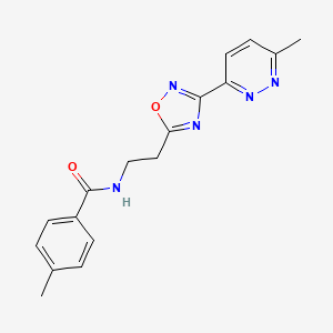 molecular formula C17H17N5O2 B5630245 4-methyl-N-{2-[3-(6-methyl-3-pyridazinyl)-1,2,4-oxadiazol-5-yl]ethyl}benzamide 