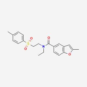 molecular formula C21H23NO4S B5630894 N-ethyl-2-methyl-N-{2-[(4-methylphenyl)sulfonyl]ethyl}-1-benzofuran-5-carboxamide 