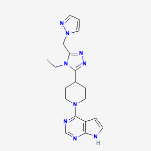 molecular formula C19H23N9 B5630913 4-{4-[4-ethyl-5-(1H-pyrazol-1-ylmethyl)-4H-1,2,4-triazol-3-yl]piperidin-1-yl}-7H-pyrrolo[2,3-d]pyrimidine 