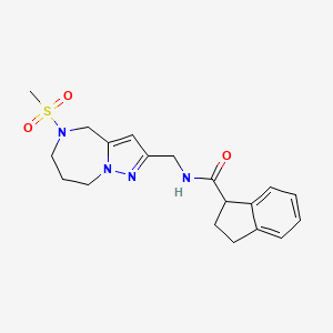 molecular formula C19H24N4O3S B5633155 N-{[5-(methylsulfonyl)-5,6,7,8-tetrahydro-4H-pyrazolo[1,5-a][1,4]diazepin-2-yl]methyl}indane-1-carboxamide 