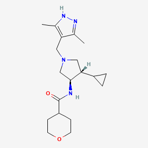 molecular formula C19H30N4O2 B5633334 N-{rel-(3R,4S)-4-cyclopropyl-1-[(3,5-dimethyl-1H-pyrazol-4-yl)methyl]-3-pyrrolidinyl}tetrahydro-2H-pyran-4-carboxamide hydrochloride 
