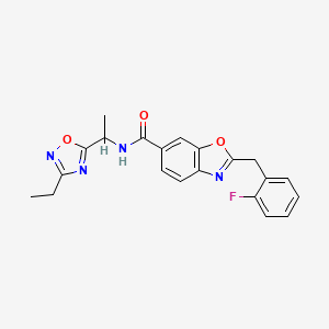 molecular formula C21H19FN4O3 B5634116 N-[1-(3-ethyl-1,2,4-oxadiazol-5-yl)ethyl]-2-(2-fluorobenzyl)-1,3-benzoxazole-6-carboxamide 