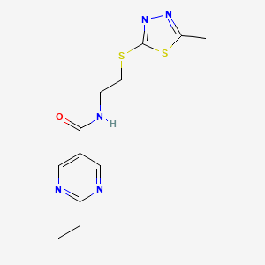 molecular formula C12H15N5OS2 B5635034 2-ethyl-N-{2-[(5-methyl-1,3,4-thiadiazol-2-yl)thio]ethyl}-5-pyrimidinecarboxamide 