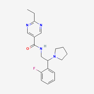 molecular formula C19H23FN4O B5636061 2-ethyl-N-[2-(2-fluorophenyl)-2-(1-pyrrolidinyl)ethyl]-5-pyrimidinecarboxamide 