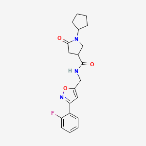 molecular formula C20H22FN3O3 B5636469 1-cyclopentyl-N-{[3-(2-fluorophenyl)-5-isoxazolyl]methyl}-5-oxo-3-pyrrolidinecarboxamide 