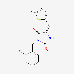 molecular formula C16H13FN2O2S B5637439 3-(2-fluorobenzyl)-5-[(5-methyl-2-thienyl)methylene]-2,4-imidazolidinedione 