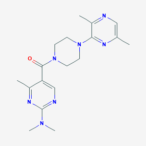 molecular formula C18H25N7O B5640949 5-{[4-(3,6-dimethyl-2-pyrazinyl)-1-piperazinyl]carbonyl}-N,N,4-trimethyl-2-pyrimidinamine 