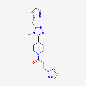 molecular formula C18H24N8O B5642827 4-[4-methyl-5-(1H-pyrazol-1-ylmethyl)-4H-1,2,4-triazol-3-yl]-1-[3-(1H-pyrazol-1-yl)propanoyl]piperidine 