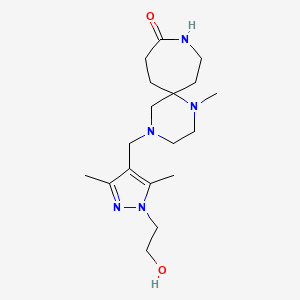 molecular formula C18H31N5O2 B5644029 4-{[1-(2-hydroxyethyl)-3,5-dimethyl-1H-pyrazol-4-yl]methyl}-1-methyl-1,4,9-triazaspiro[5.6]dodecan-10-one 