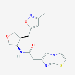 molecular formula C16H18N4O3S B5645685 2-imidazo[2,1-b][1,3]thiazol-6-yl-N-{(3R*,4S*)-4-[(3-methylisoxazol-5-yl)methyl]tetrahydrofuran-3-yl}acetamide 
