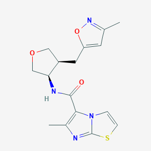 molecular formula C16H18N4O3S B5646248 6-methyl-N-{(3R*,4S*)-4-[(3-methylisoxazol-5-yl)methyl]tetrahydrofuran-3-yl}imidazo[2,1-b][1,3]thiazole-5-carboxamide 