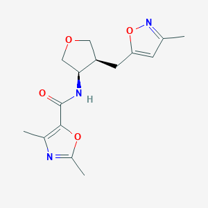 molecular formula C15H19N3O4 B5646837 2,4-dimethyl-N-{(3R*,4S*)-4-[(3-methylisoxazol-5-yl)methyl]tetrahydrofuran-3-yl}-1,3-oxazole-5-carboxamide 