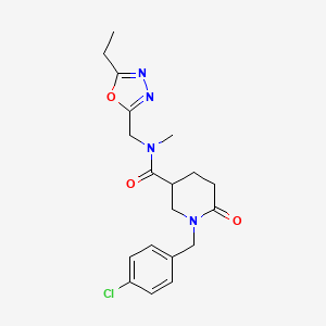molecular formula C19H23ClN4O3 B5647811 1-(4-chlorobenzyl)-N-[(5-ethyl-1,3,4-oxadiazol-2-yl)methyl]-N-methyl-6-oxo-3-piperidinecarboxamide 